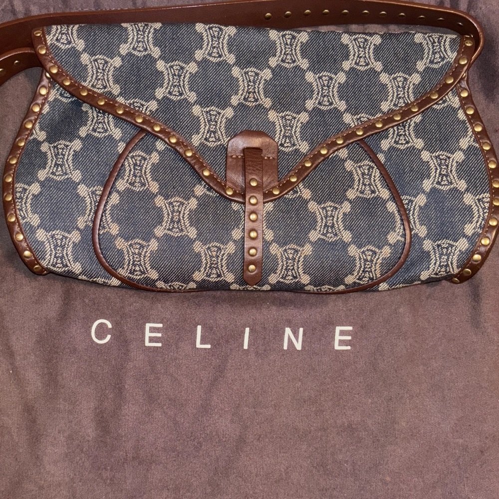 Celine Denim and Brown leather Studded Shoulder Bag